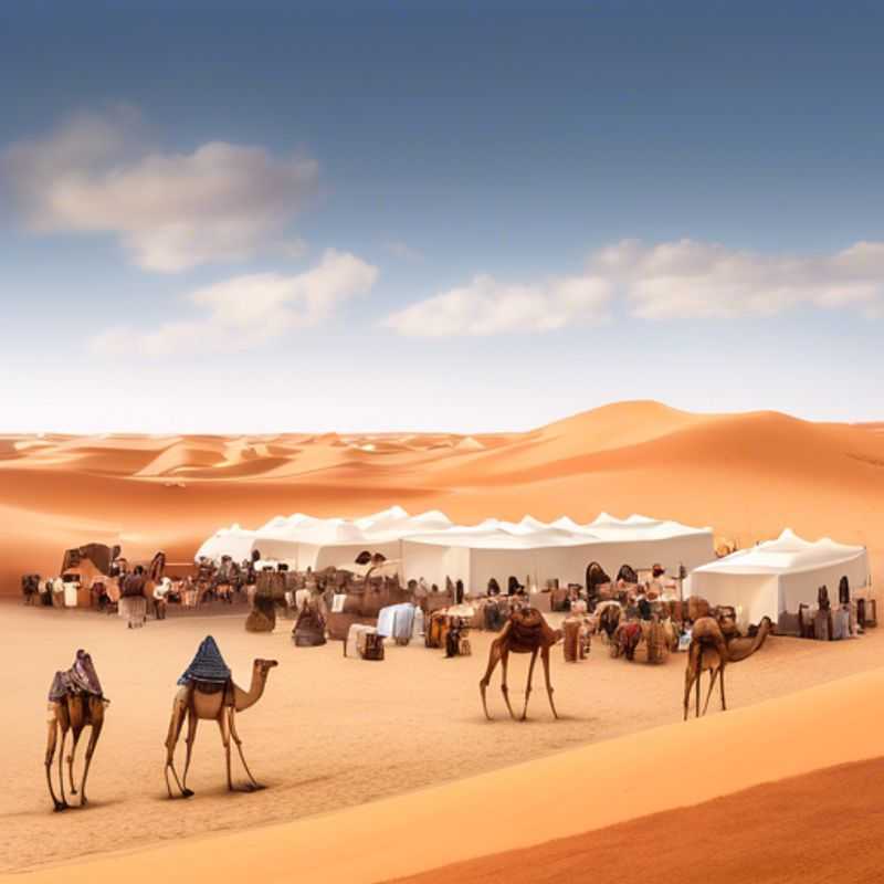 Deux couples de voyageurs de luxe se promenant parmi les chameaux au marché de Guelmim, une expérience authentique et captivante au cœur du Maroc, lors de leur escapade printanière.