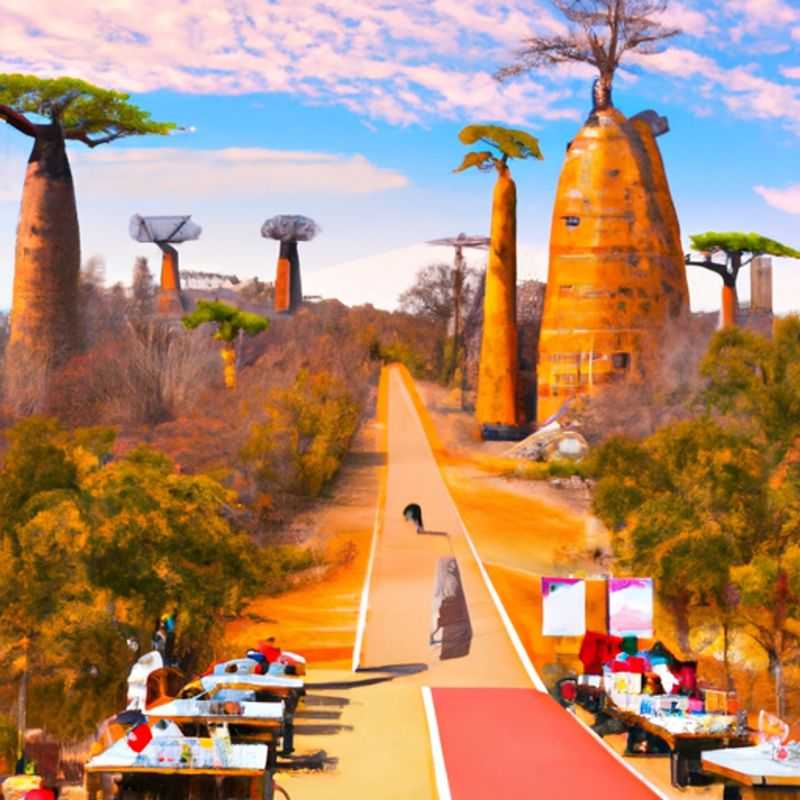 Voyageuse solitaire contemplative, debout au milieu de l'imposante Avenue des Baobabs à Madagascar, absorbant la beauté majestueuse de ces arbres anciens sous le ciel bleu azur entre l'hiver et le printemps.