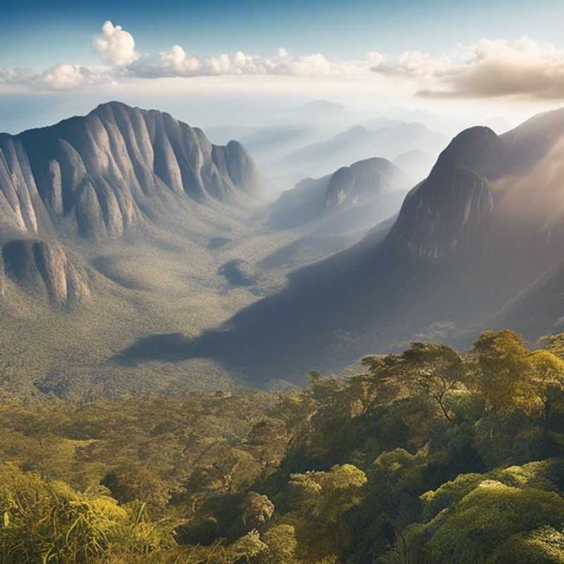 Deux couples découvrant la majesté du Mont Mulanje au Malawi, une montagne imposante enveloppée dans une brume hivernale, lors de leur aventure de cinq jours avec The Long-term Traveler.