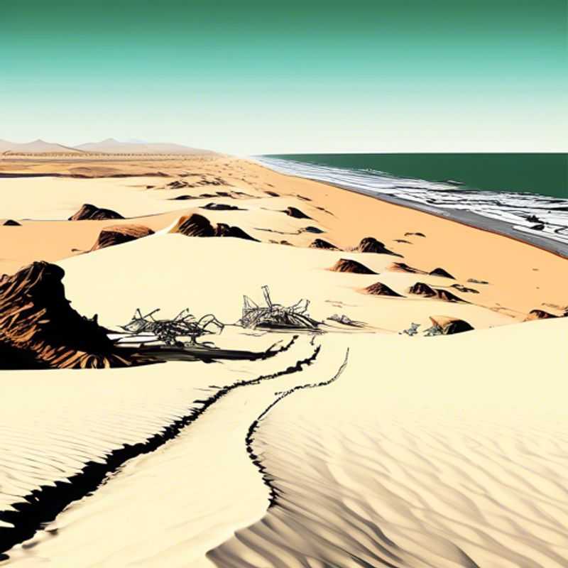 A family of adventurers, including the intrepid Business Traveler and their children, stand in awe before the haunting, otherworldly landscapes of the Skeleton Coast in Namibia, where the desert meets the sea in a captivating dance of mystery and wonder.