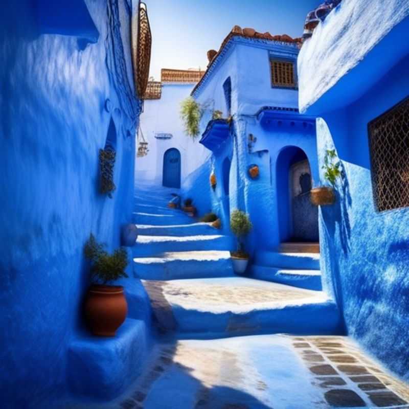 Deux couples admirant les maisons bleu-indigo de Chefchaouen, la charmante ville bleue du Maroc, lors de leur séjour entre l'été et l'automne.