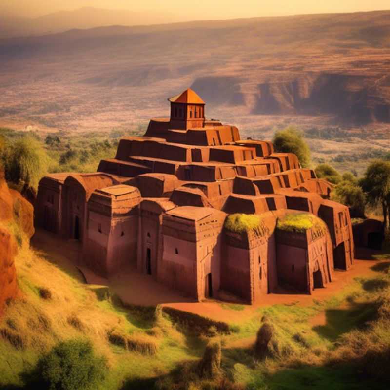 Deux voyageurs découvrant avec émerveillement les églises monolithiques de Lalibela, chefs-d'œuvre d'architecture taillés dans la roche, lors de leur escapade éthiopienne entre l'été et l'automne.