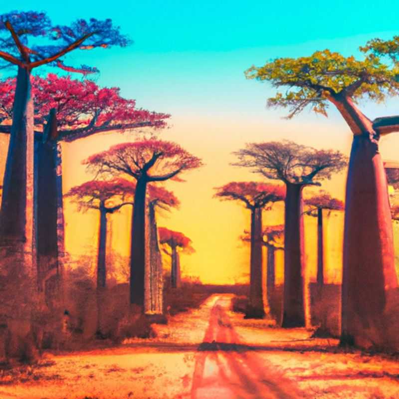 Voyageuse solitaire contemplative, debout au milieu de l'imposante Avenue des Baobabs à Madagascar, absorbant la beauté majestueuse de ces arbres anciens sous le ciel bleu azur entre l'hiver et le printemps.