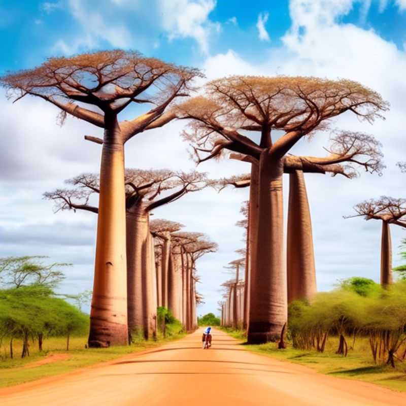 Trois couples explorant l'Avenue des Baobabs à Madagascar, entourés par les majestueux baobabs en fleurs au printemps, savourant des délices culinaires locaux et des moments inoubliables.