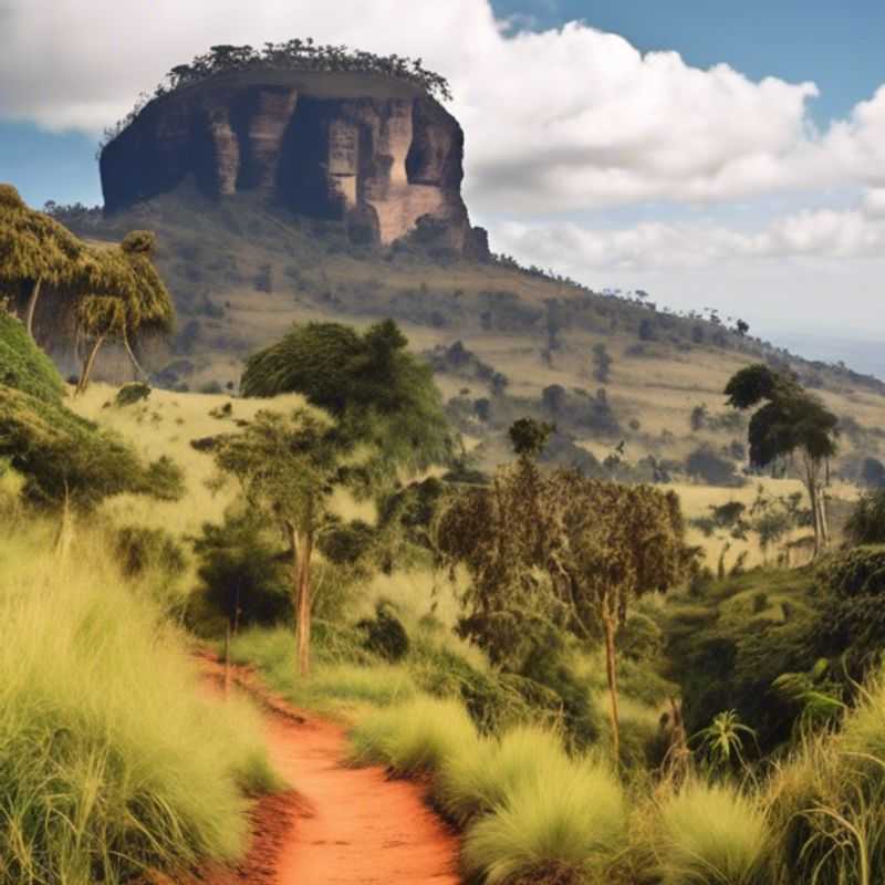 O casal de viajantes de fim de semana apreciando a imponente presença do Monte Elgon, na fronteira entre Uganda e Quênia, durante sua jornada de descoberta desses destinos durante o outono.