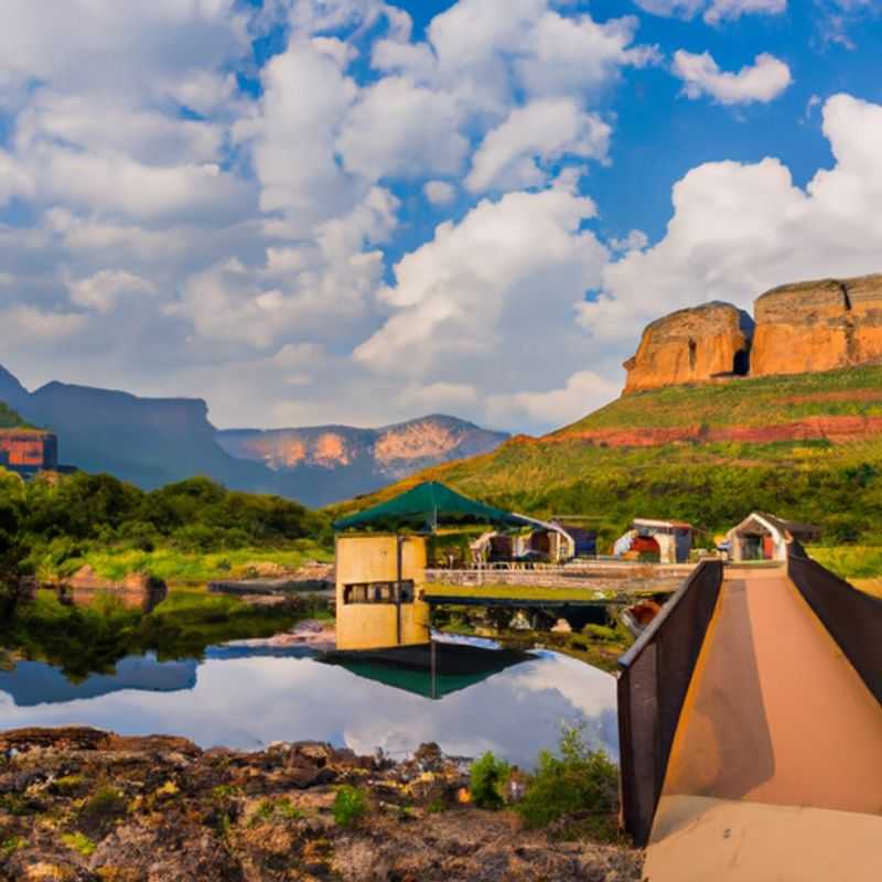 Six intrepid travelers stand in awe before the majestic Blyde River Canyon, South Africa, its sheer cliffs and verdant depths bathed in the golden hues of autumn. Their 24-hour adventure in this natural wonderland promises breathtaking vistas and unforgettable memories.