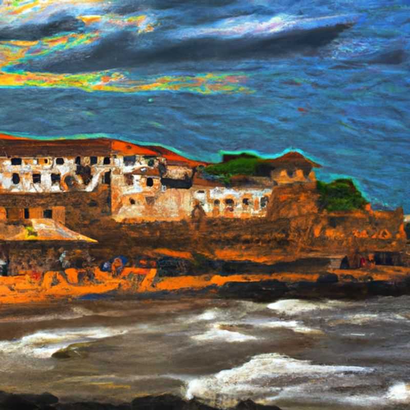 Une image du château d'Elmina au Ghana, un site historique poignant et un ancien centre de traite négrière. Six personnes profitent de leur voyage organisé de 2 semaines entre l'été et l'automne, explorant la richesse culturelle et l'histoire captivante du Ghana.