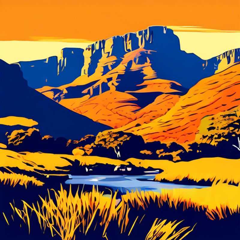 A family of adventurers, the Social Media Travelers, stand in awe of the majestic Drakensberg Mountains in South Africa, their peaks capped with autumn foliage, as they embark on an unforgettable journey of discovery during the fall season.