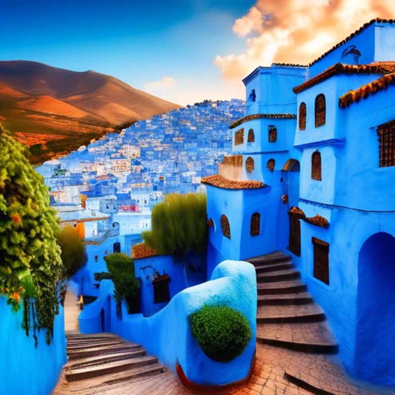 Deux couples admirant les maisons bleu-indigo de Chefchaouen, la charmante ville bleue du Maroc, lors de leur séjour entre l'été et l'automne.