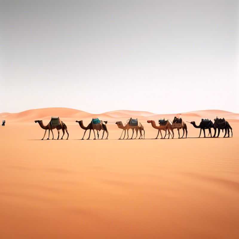 Deux couples de voyageurs de luxe se promenant parmi les chameaux au marché de Guelmim, une expérience authentique et captivante au cœur du Maroc, lors de leur escapade printanière.