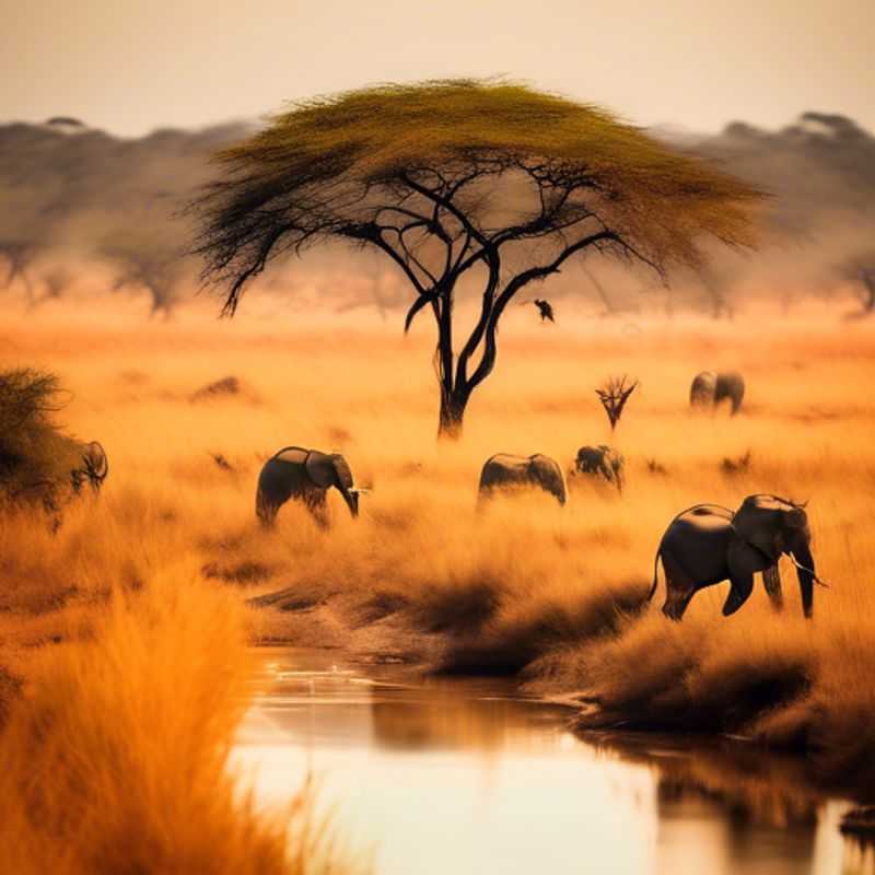 Two eco-conscious adventurers spotting a majestic elephant herd amidst the lush, vibrant landscapes of Kruger National Park, South Africa, during their immersive fall expedition.